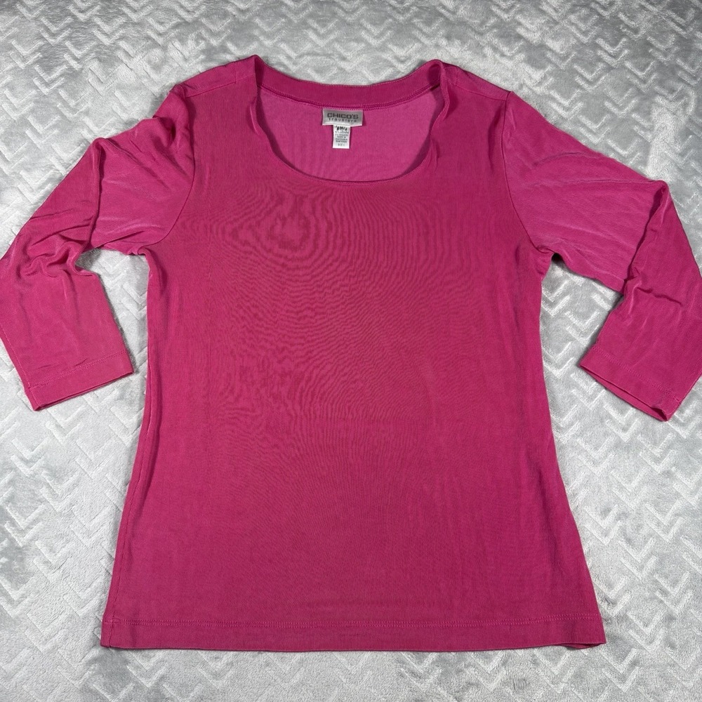 Chico's Travelers Women's Top Medium‎ (1) Dressy Pink 3/4 Sleeve Jersey Blouse